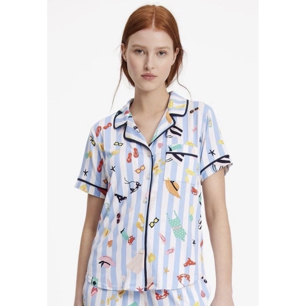 Kate Spade New York Printed Pajama Set Vacation Theme Blue White Stripe Sz Small
